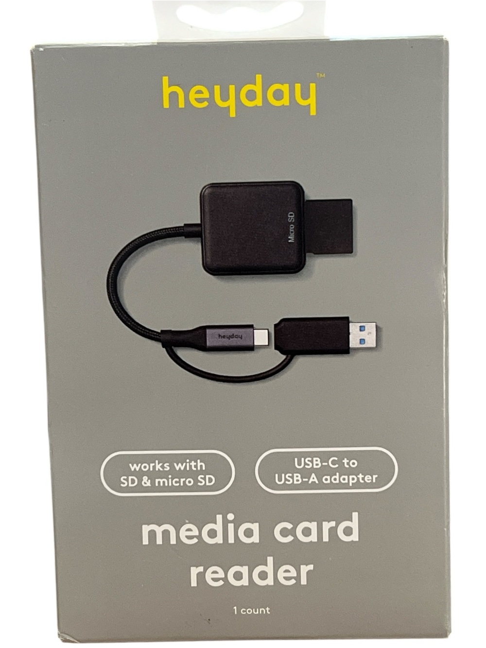 Heyday Media Card Reader Black, SD and Micro SD, USB-C with USB-A Adapter, NIB